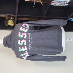 SIMPLY SOUTHERN Gray Cowl Neck Pink Green Floral "BLESSED" Sweatshirt